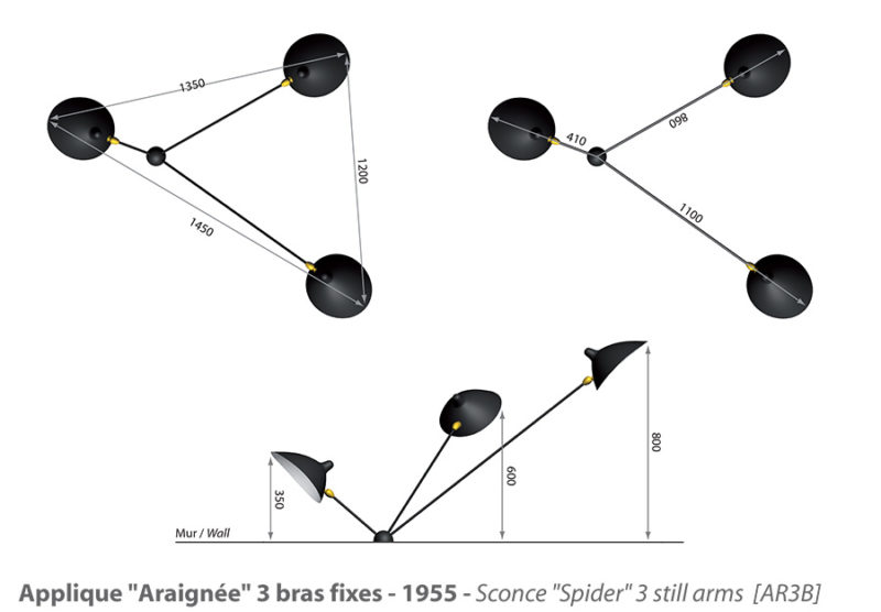 Maße. Wandspinne 3 Arme, Serge Mouille.