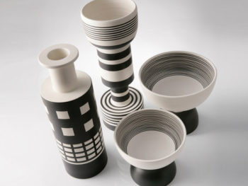 Keramikvase und -Schale, schwarz weiss, Ettore Sottsass, Bitossi