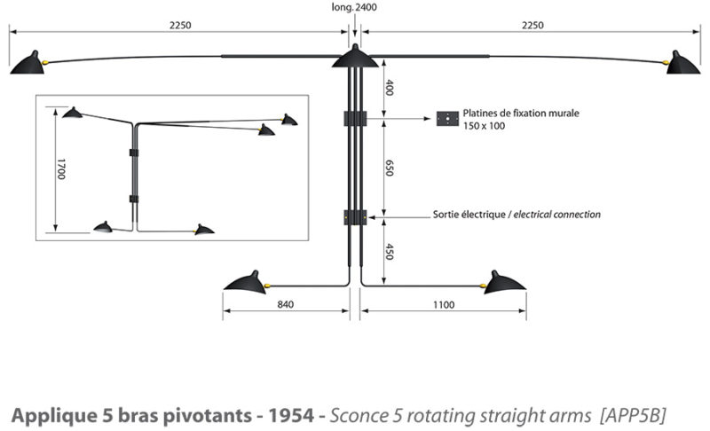 Masse, Wandleuchte 5 schwenkbare Arme, Serge Mouille