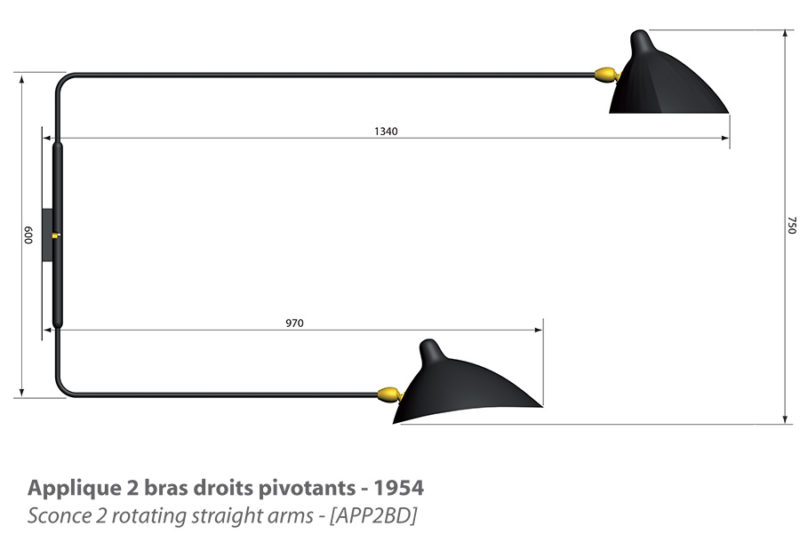 Cotes, applique 2 bras droits pivotants, Serge Mouille